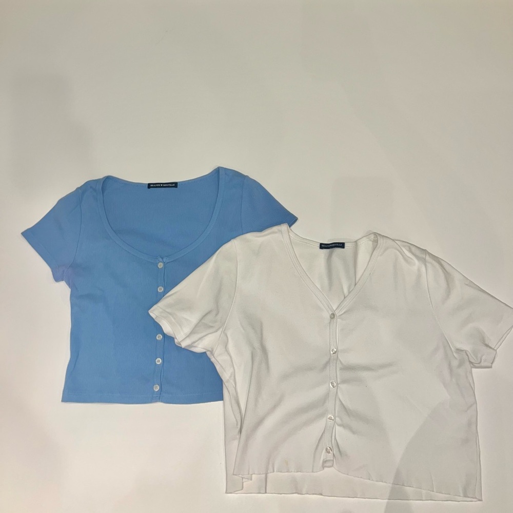 Brandy Melville Short Sleeve Button-Up Tops Sets Blue and White